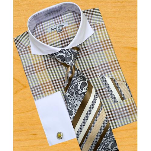 Daniel Ellissa Beige / Brown / White / Black Plaid With Spread Collar / Free Cufflinks Shirt / Tie / Hanky Set DS3760P2.